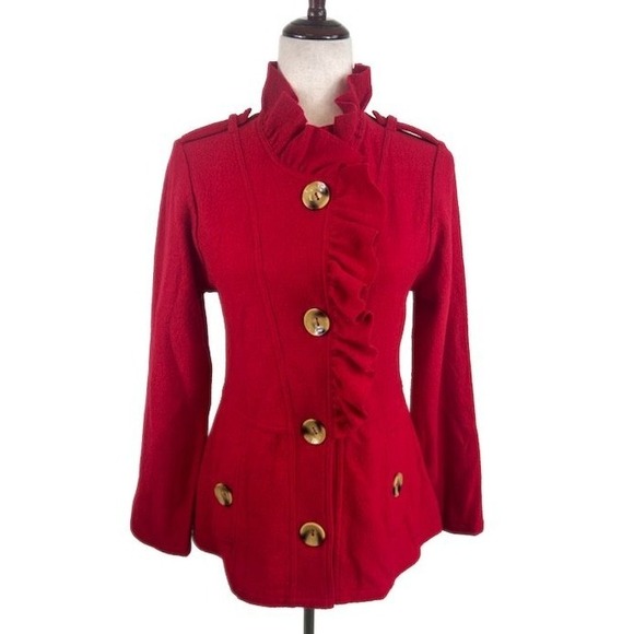 New Luii Red Wool Ruffle Front Jacket Military Style Button Coat Size Medium - Picture 1 of 5
